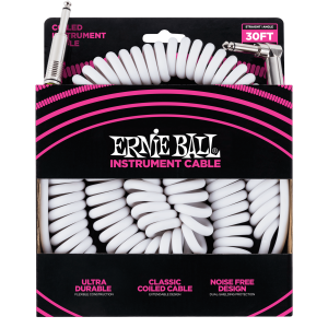 Ernie Ball 30' Coiled Straight / Angle Instrument Cable - White