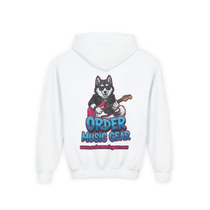 Youth Hoodie — Cartoon Husky Playing Guitar “Order Music Gear”
