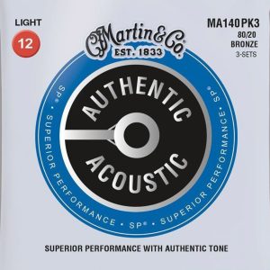 Martin MA140 Authentic Acoustic SP 80/20 Bronze Acoustic Guitar Strings - Light (.12 - .54) - 3 PACK